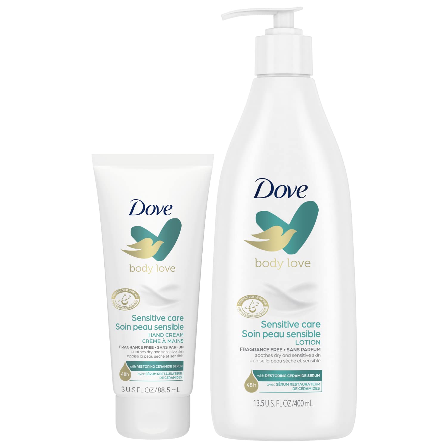 Dove Sensitive Care body lotion for dry skin delivering lasting moisture.
