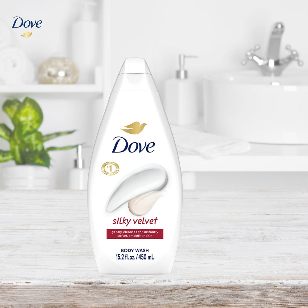 Dove Silky Velvet 2-pack packaging on a bathroom shelf