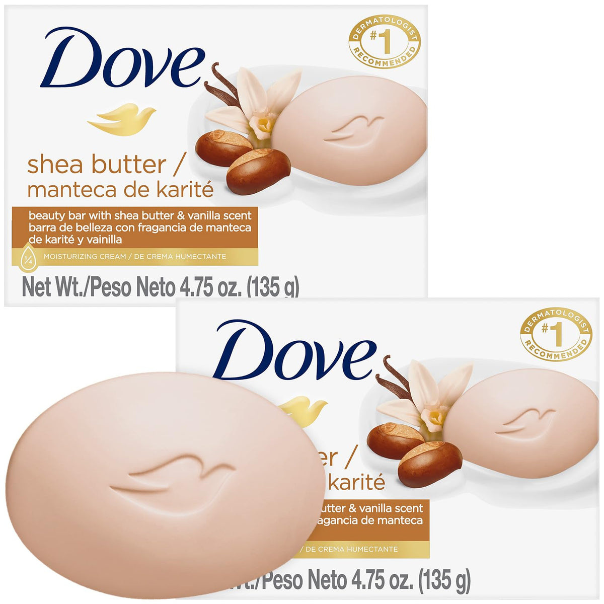 Dove soap in packaging highlights shea butter and vanilla for a pampering cleanse.