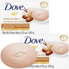 Dove soap in packaging highlights shea butter and vanilla for a pampering cleanse.