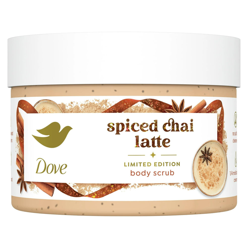 Dove Spiced Chai Latte body scrub jar with creamy texture for nourishing exfoliation.
