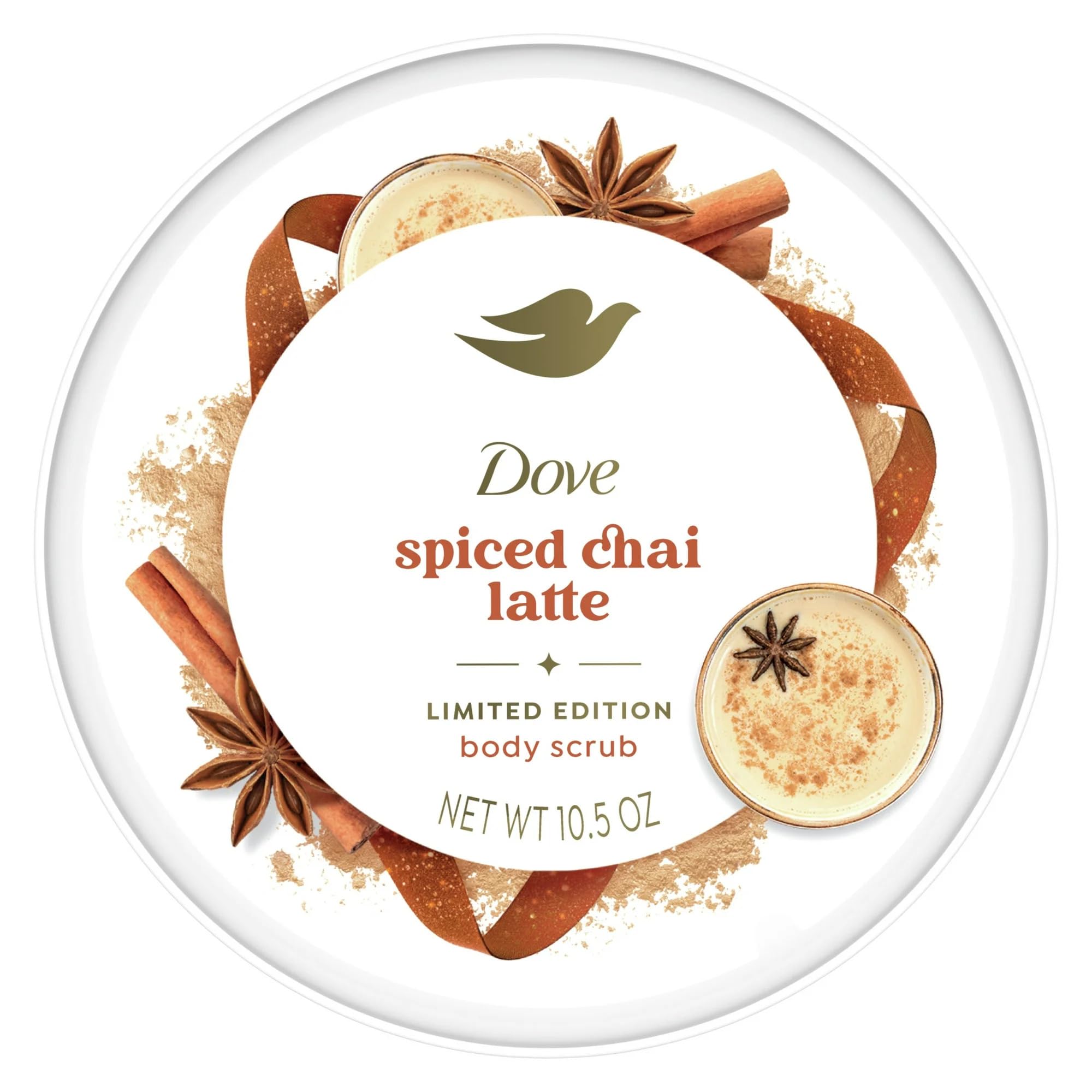 Dove Spiced Chai Latte scrub showing one-quarter moisturizing cream for nourishing hydration.