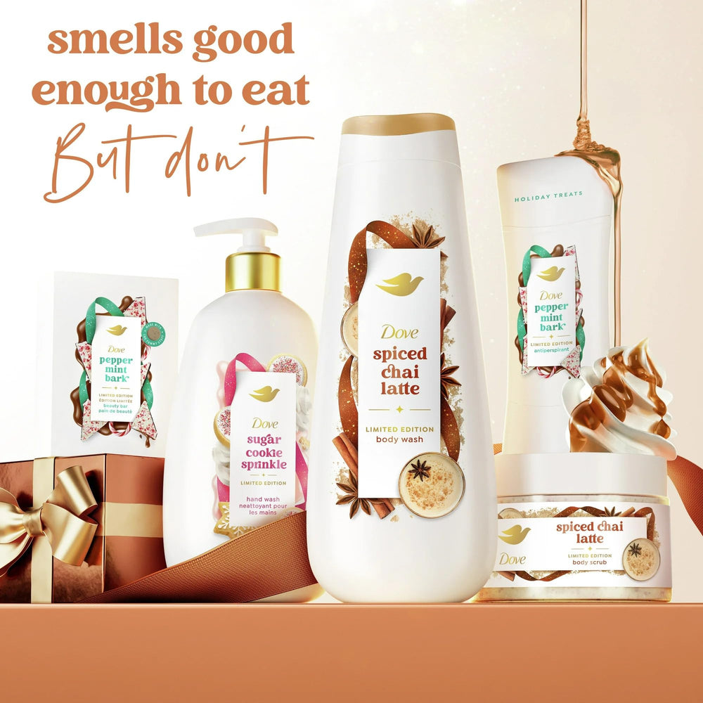 Gift-ready packaging featuring Dove Spiced Chai Latte scrub for holiday gifting.