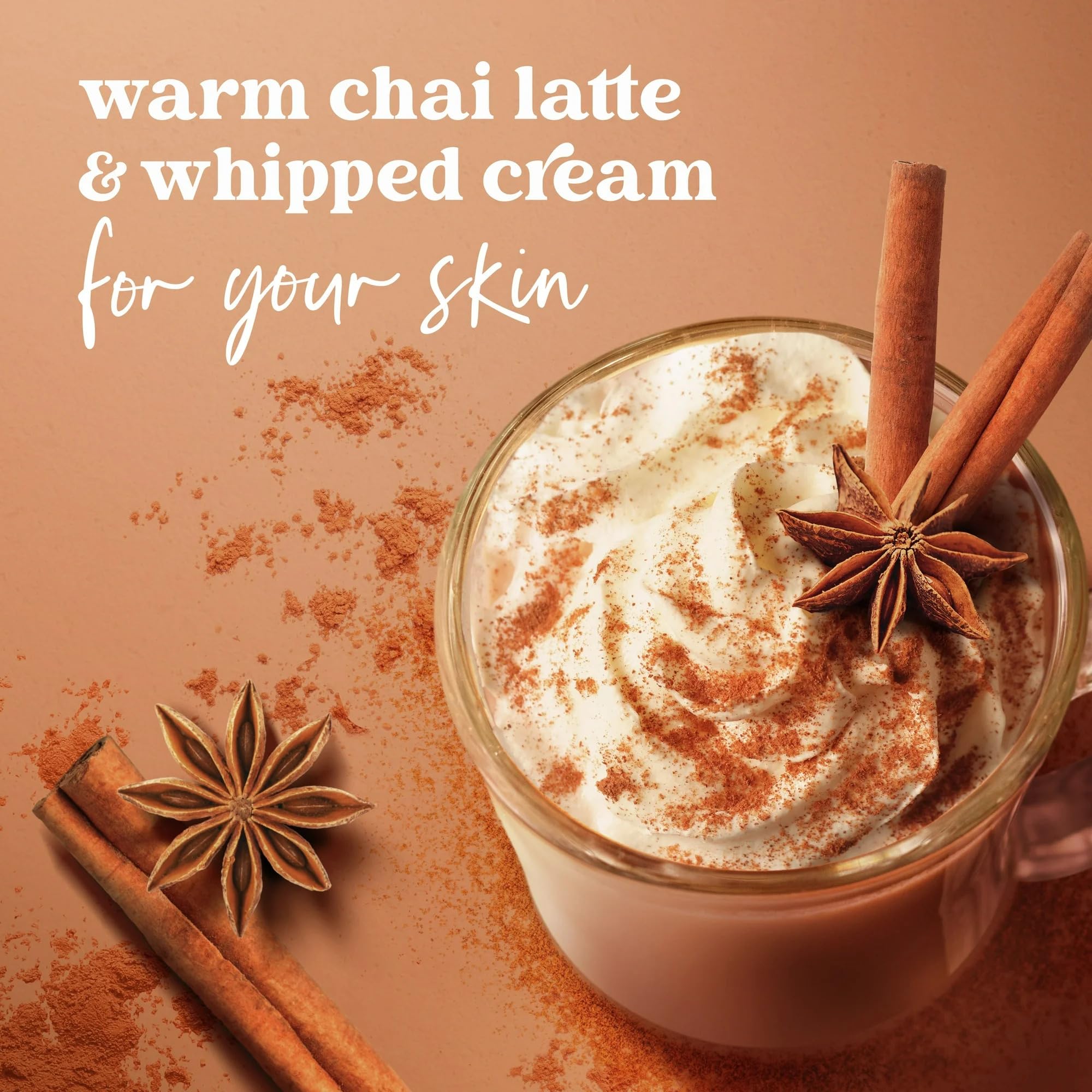 Luxurious spa-like shower experience with Dove Spiced Chai Latte scrub.