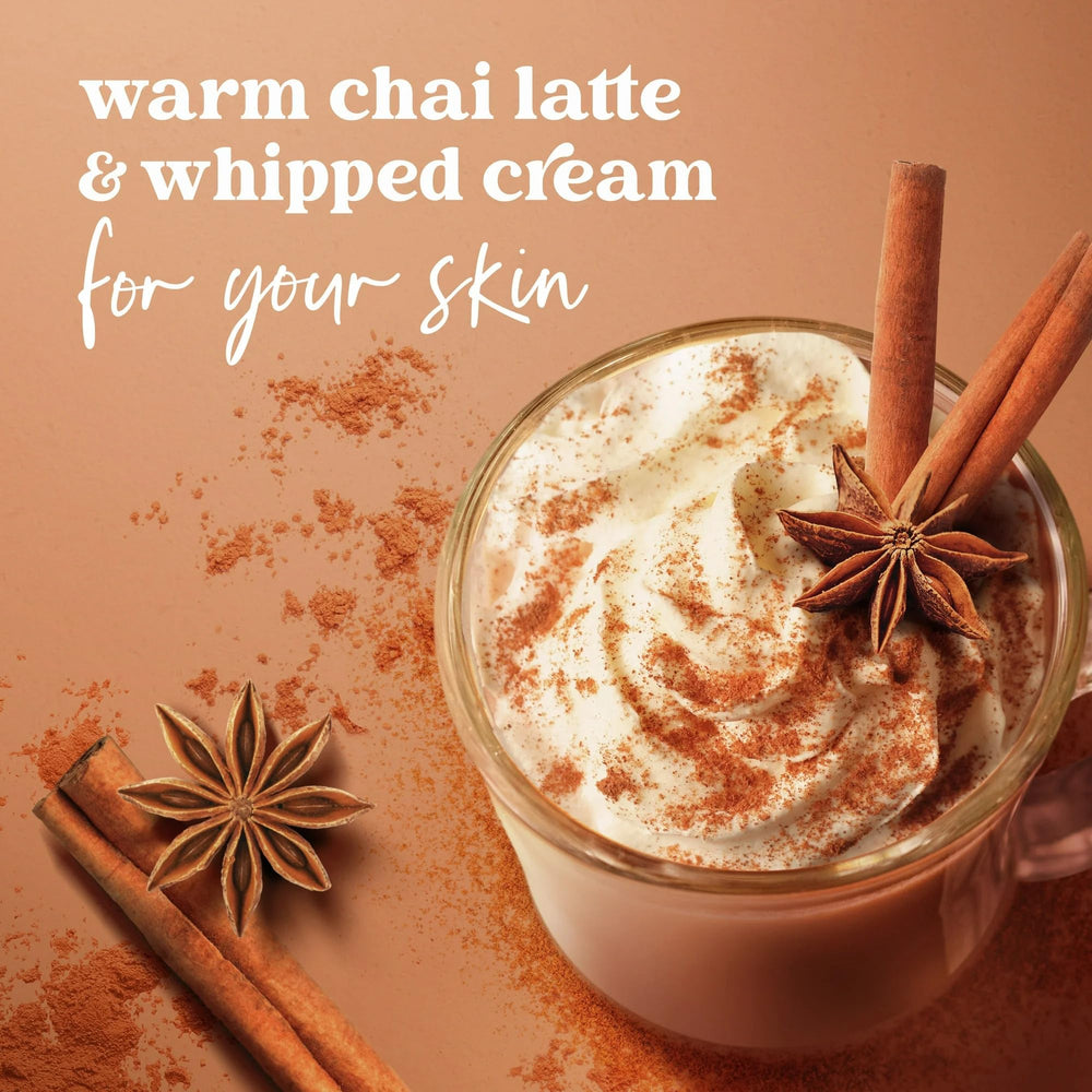 Luxurious spa-like shower experience with Dove Spiced Chai Latte scrub.