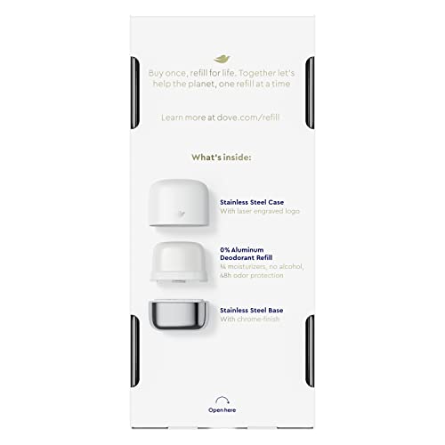 Dove stainless steel base for refillable deodorant shown for long-lasting reuse.