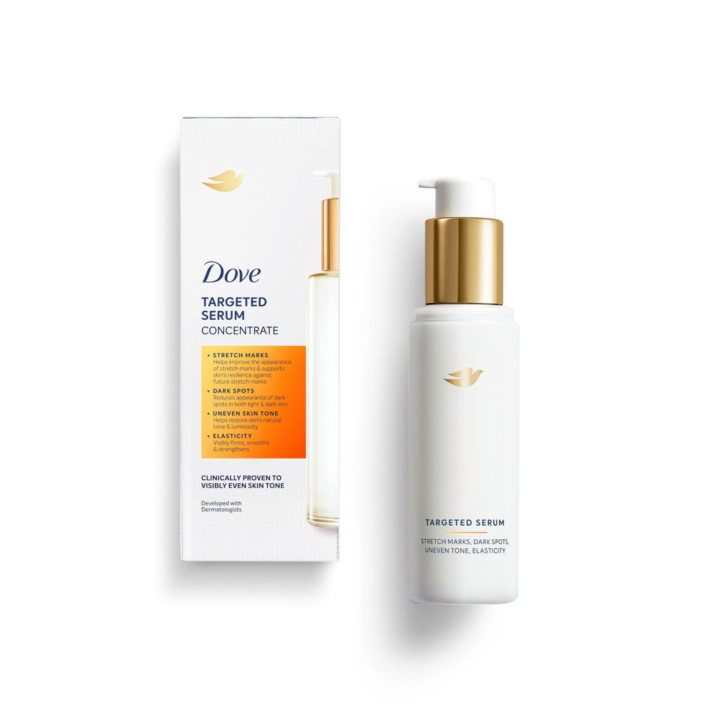 Dove Targeted Serum for stretch marks being applied to improve texture and tone.