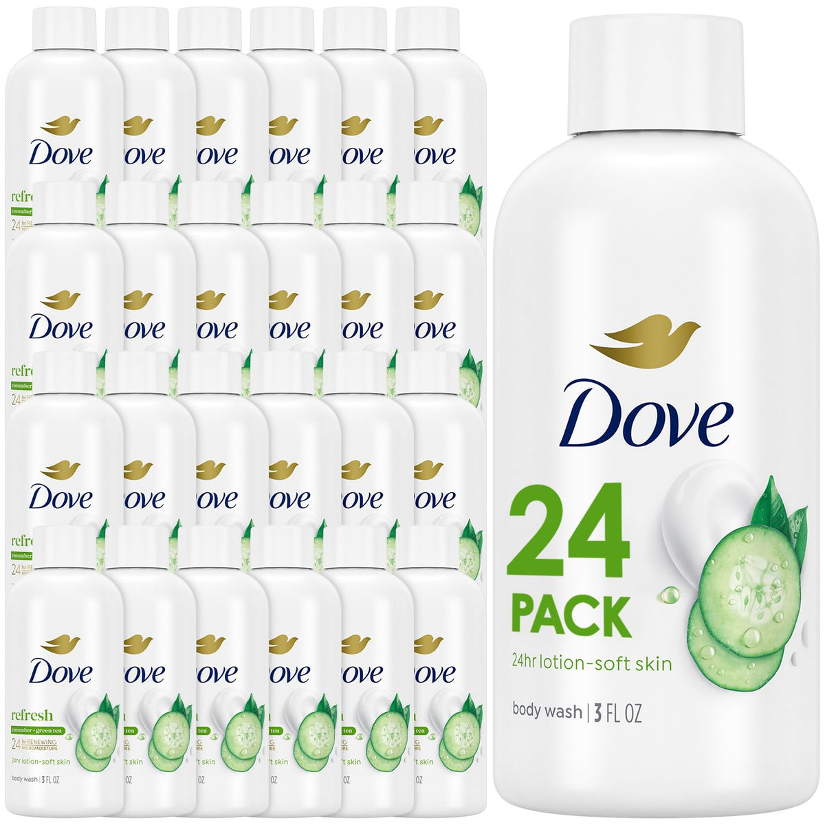 Dove Travel Body Wash Refresh cucumber and green tea travel bottle for on-the-go hydration.