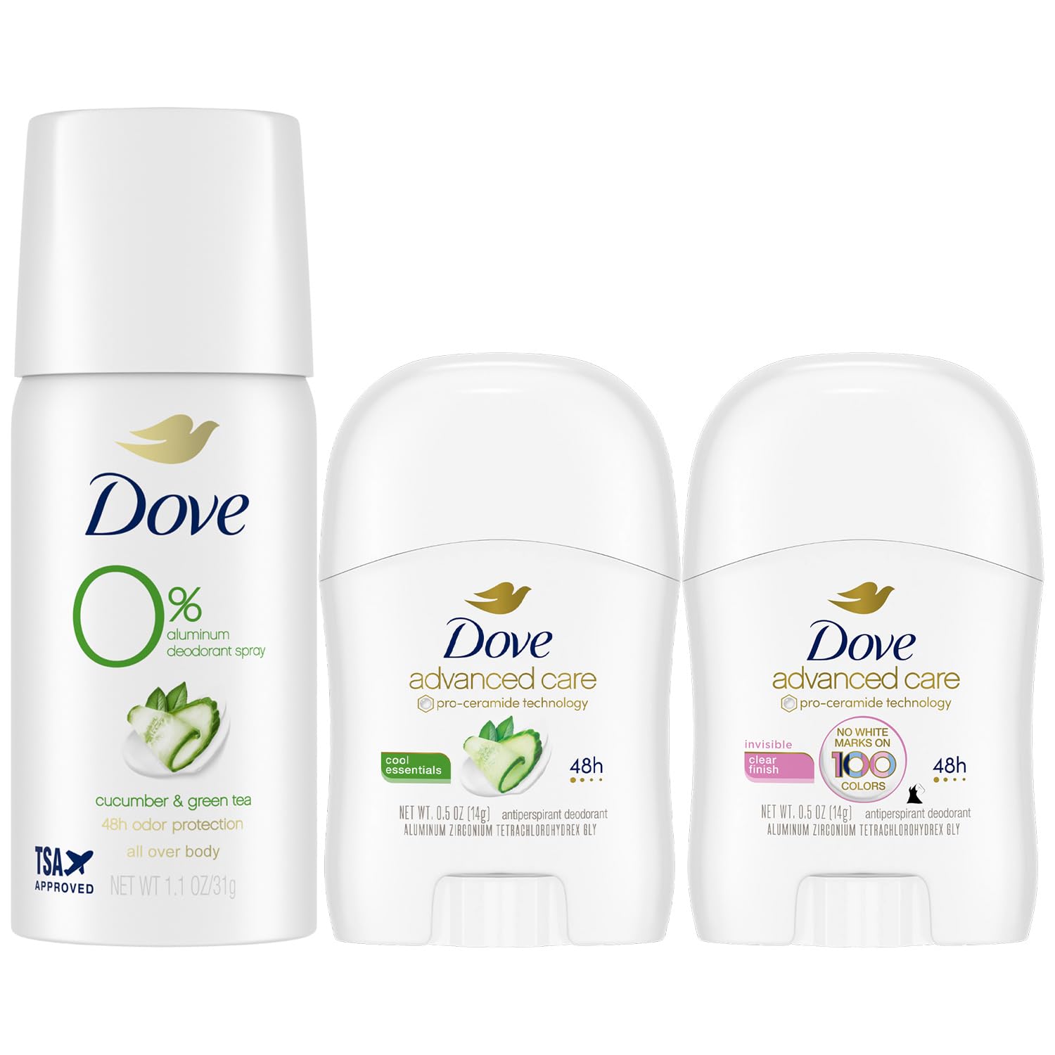 Dove Travel Deodorant Variety 3-Pack packaging shown for on-the-go use