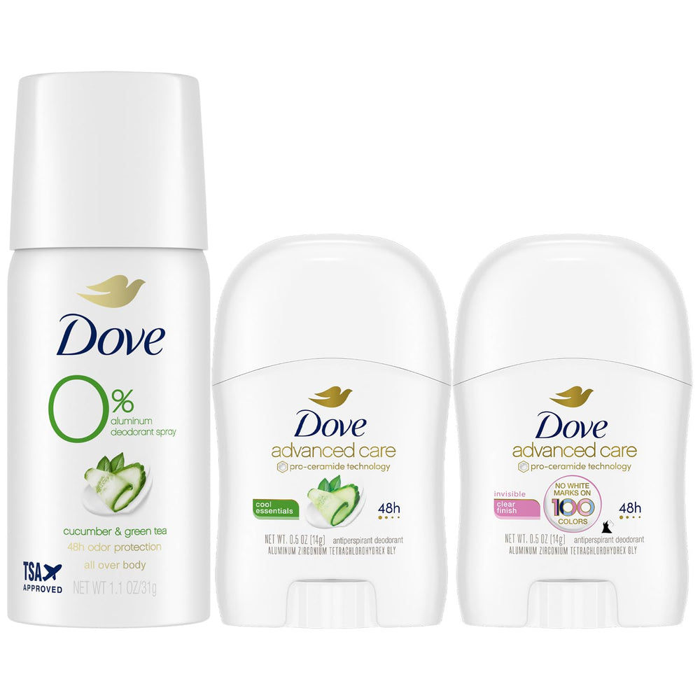 Dove Travel Deodorant Variety 3-Pack packaging shown for on-the-go use