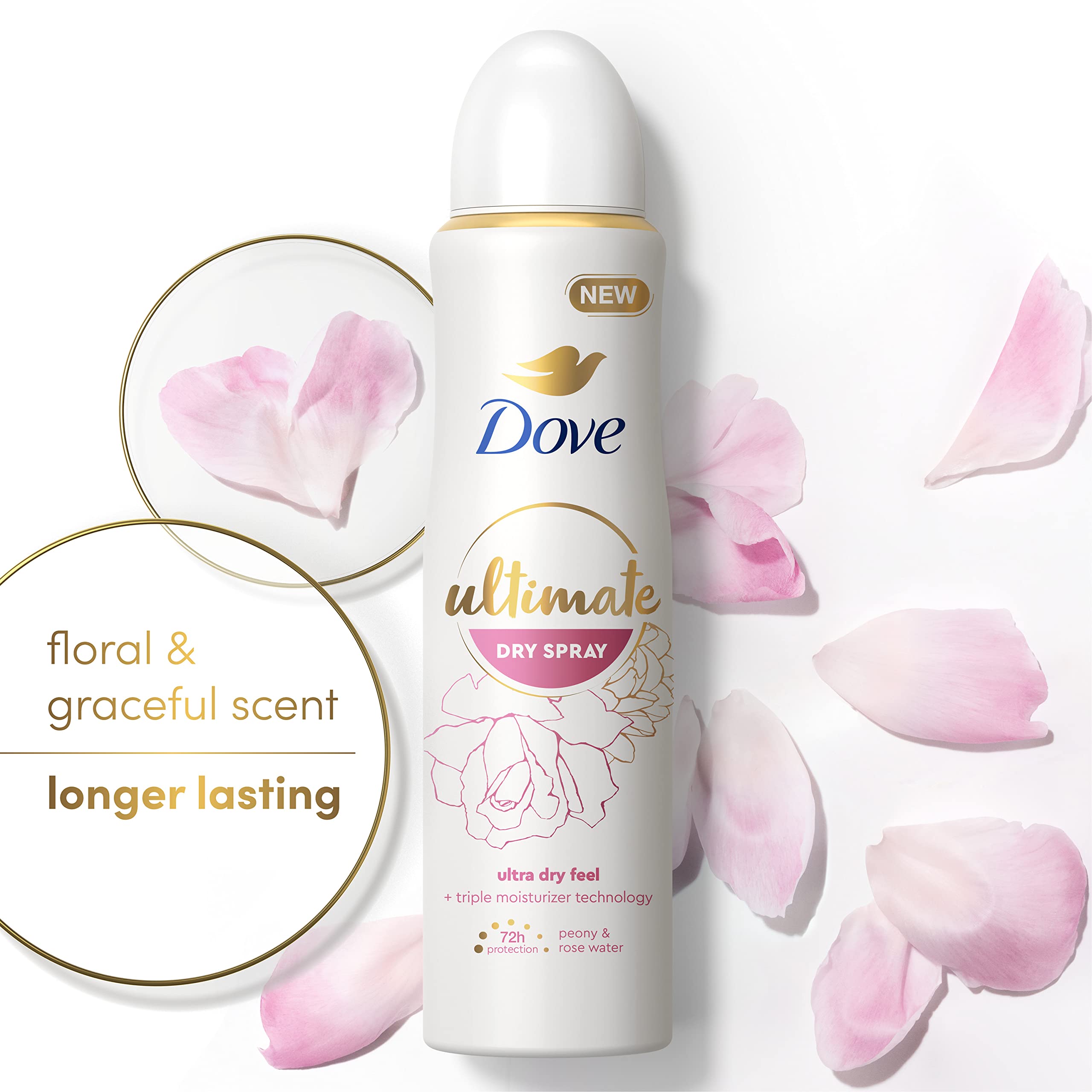 Dove Ultimate Dry Spray mist releases fresh peony and rose fragrance