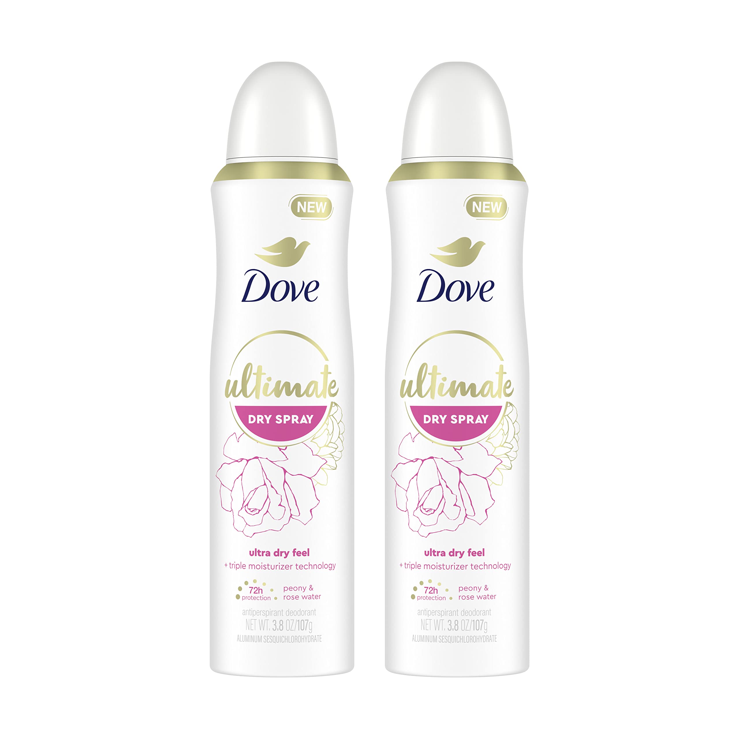 Dove Ultimate Dry Spray peony and rose water pack shot shows convenient 2-pack for daily protection