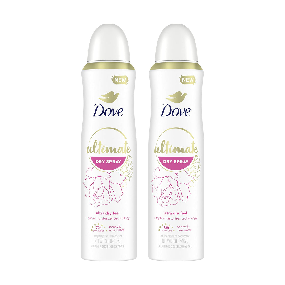 Dove Ultimate Dry Spray peony and rose water pack shot shows convenient 2-pack for daily protection