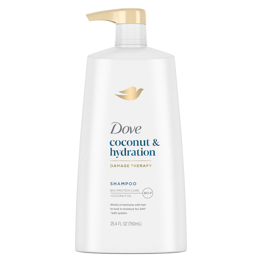 Dove Ultra Care Coconut Hydration bottle boosts moisture for soft hair.