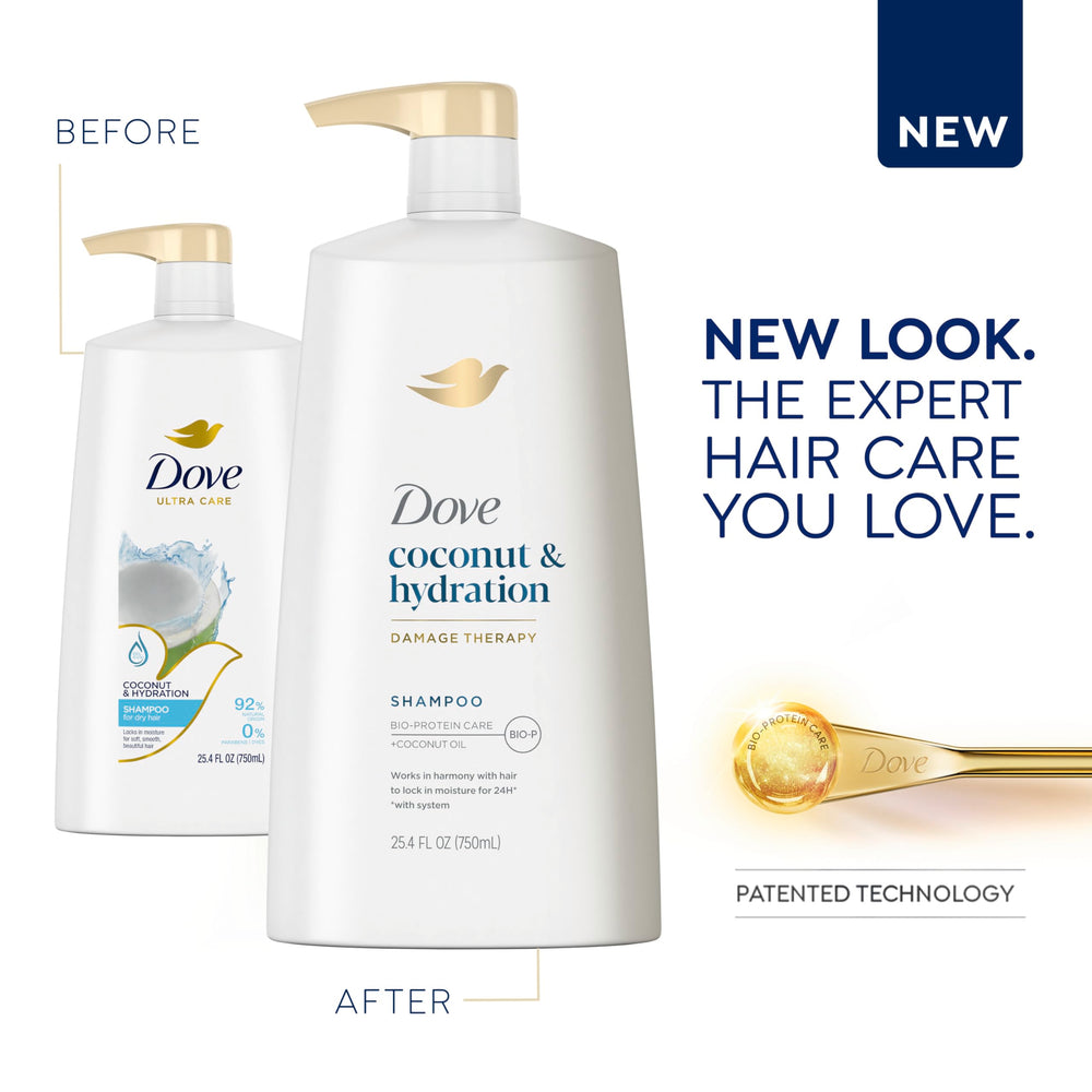 Dove Ultra Care Shampoo coconut water fragrance highlights refreshing scent for daily use.