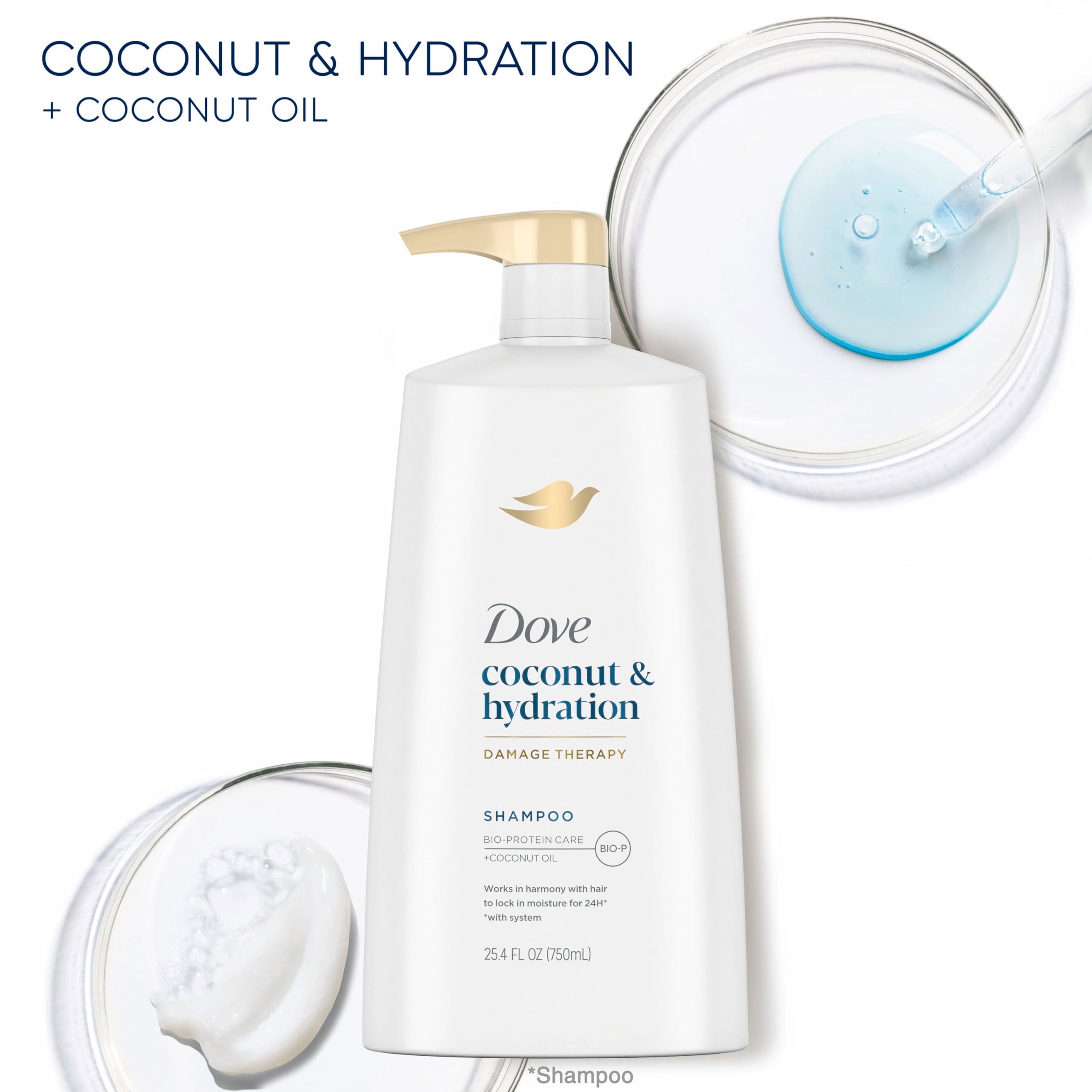 Dove Ultra Care Shampoo oil-blend coconut jojoba sweet almond shown on label.