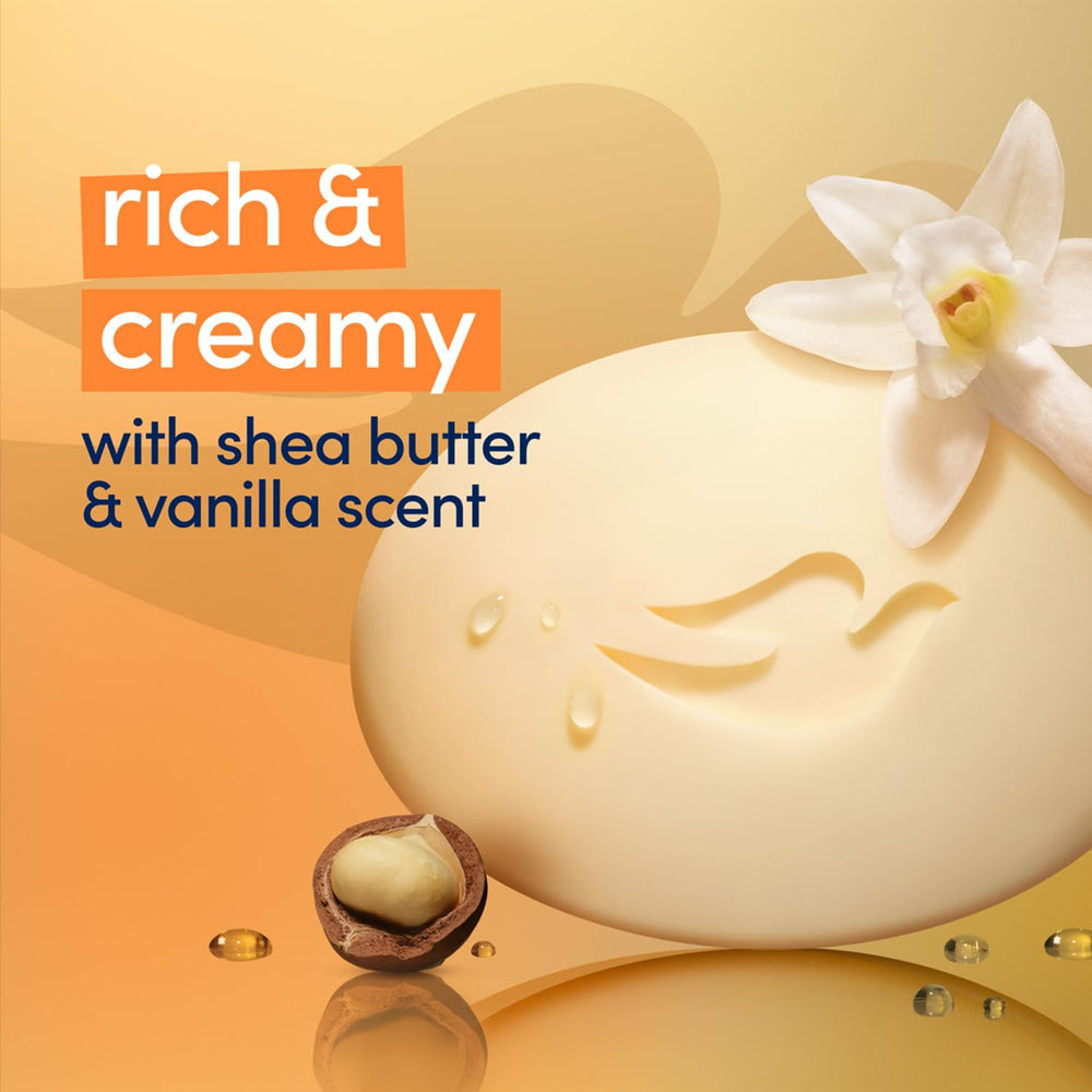 Dove vanilla scent on skin hints at comforting, long-lasting fragrance during shower.