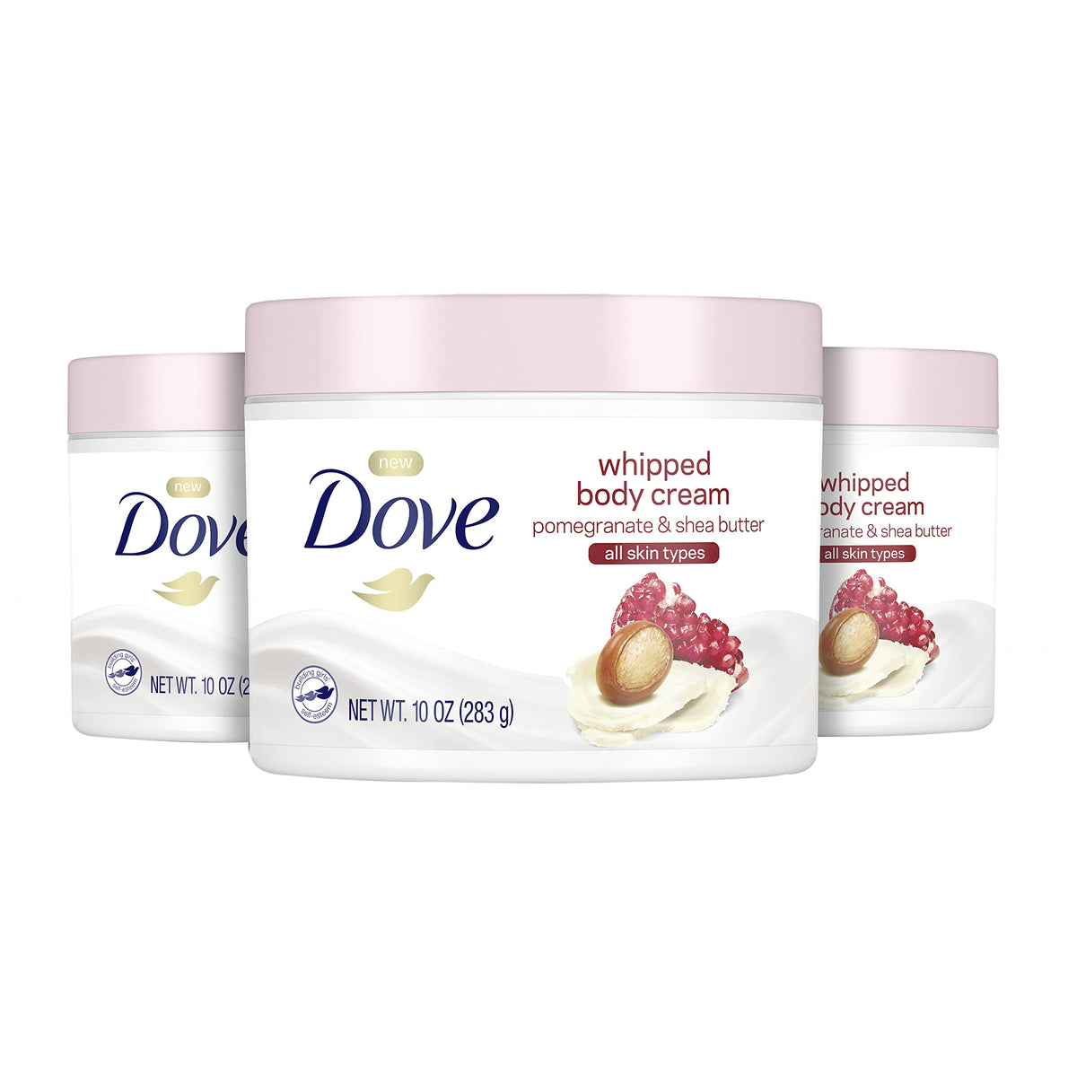 Dove whipped body cream with pomegranate and shea butter in a 3-pack for long-lasting moisture