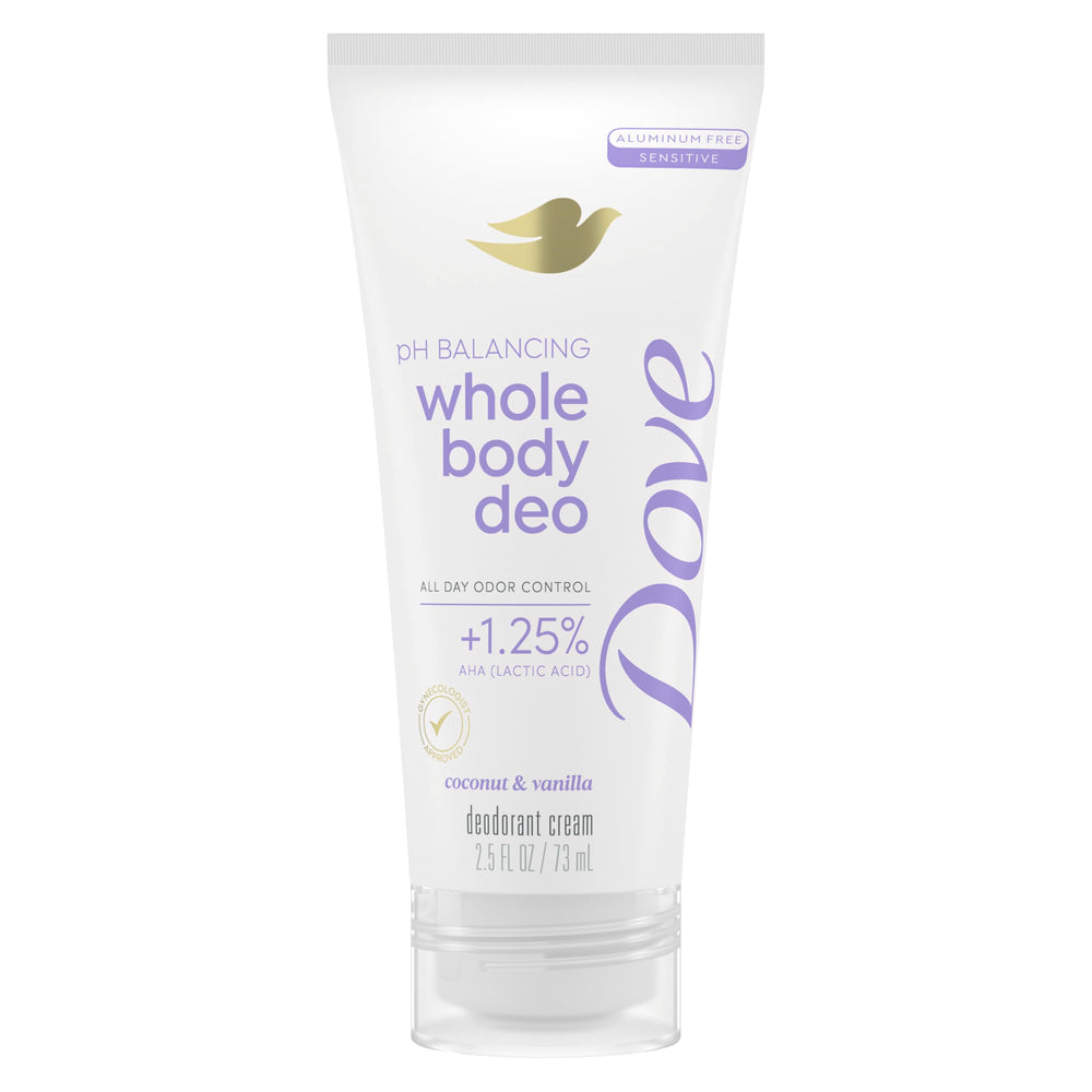 Dove Whole Body Deo aluminum-free bottle with coconut vanilla scent for all-day freshness.