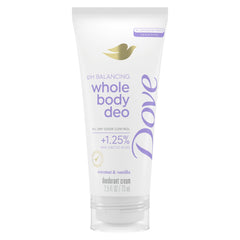 Dove Whole Body Deo aluminum-free bottle with coconut vanilla scent for all-day freshness.