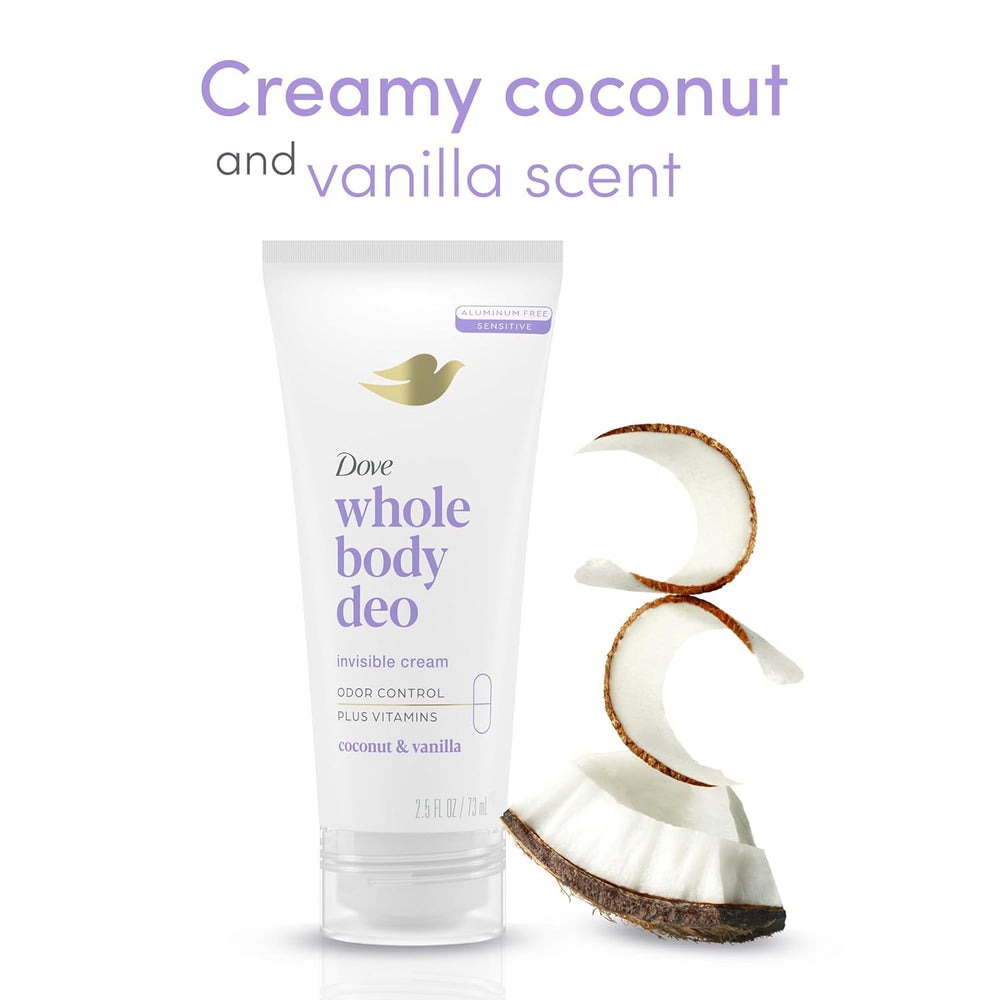 Dove Whole Body Deo aluminum-free label close-up emphasizing gentle formula.