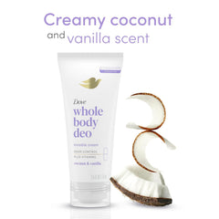Dove Whole Body Deo aluminum-free label close-up emphasizing gentle formula.