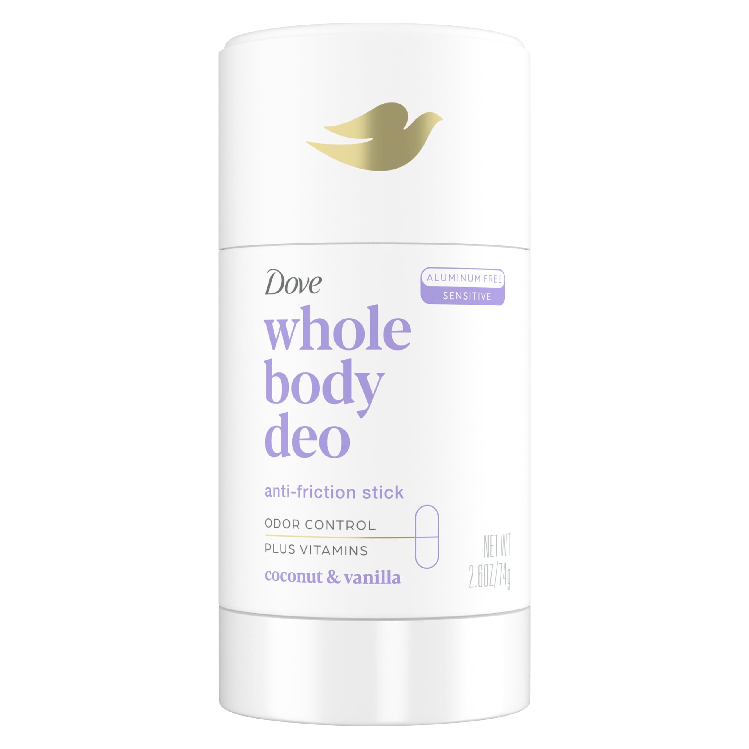 Dove Whole Body Deo anti-friction stick coconut vanilla for all-day odor control.