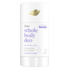 Dove Whole Body Deo anti-friction stick coconut vanilla for all-day odor control.