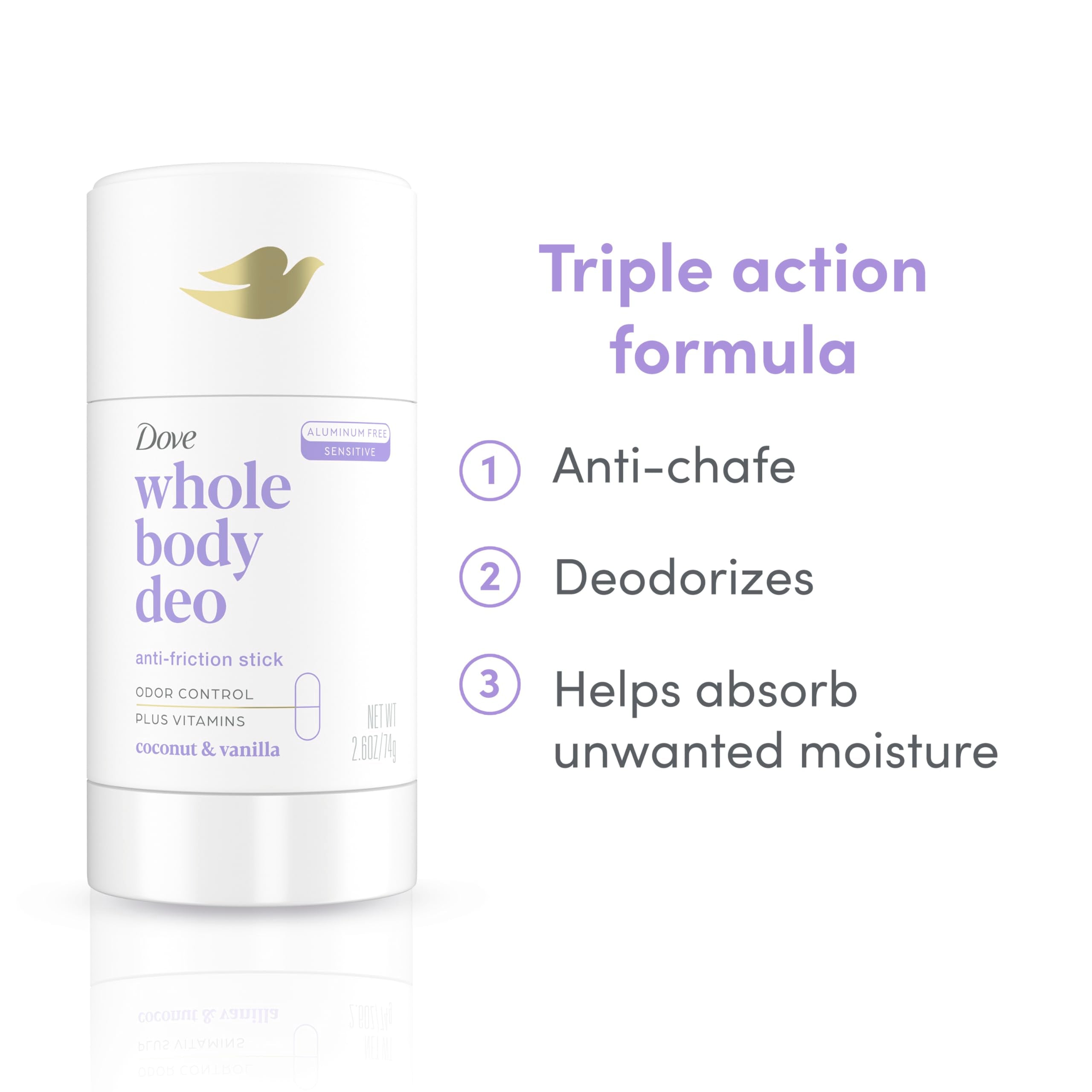Dove Whole Body Deo keeps underarms fresh with tropical coconut-vanilla scent.