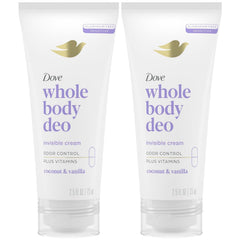 Dove Whole Body Deo coconut-vanilla cream jar for all-day odor control.