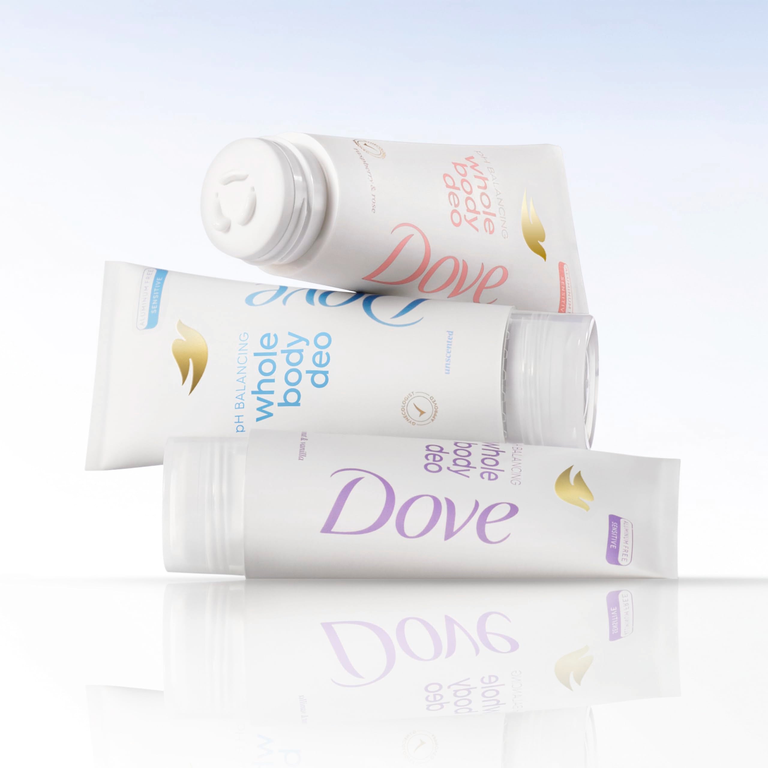 Dove Whole Body Deodorant Cream derm-gyne-approved badge signals sensitive-area suitability.