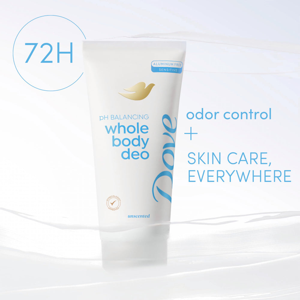 Dove Whole Body Deodorant Cream texture close-up highlighting creamy hydration.