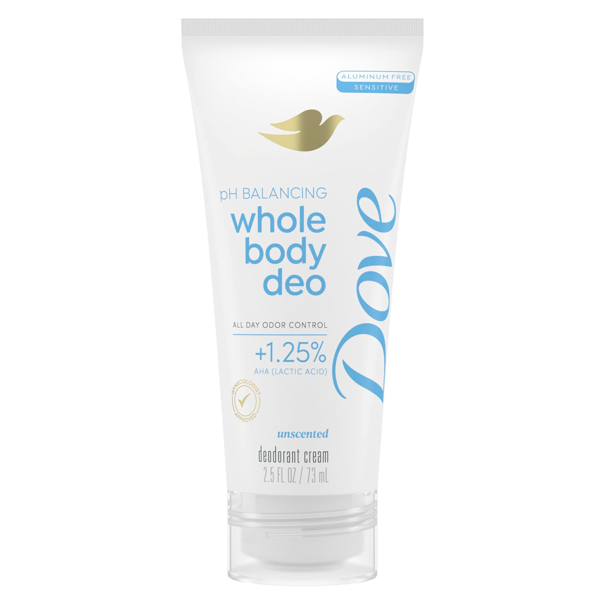 Dove Whole Body Deodorant Cream unopened tube showing unscented formula for sensitive skin.