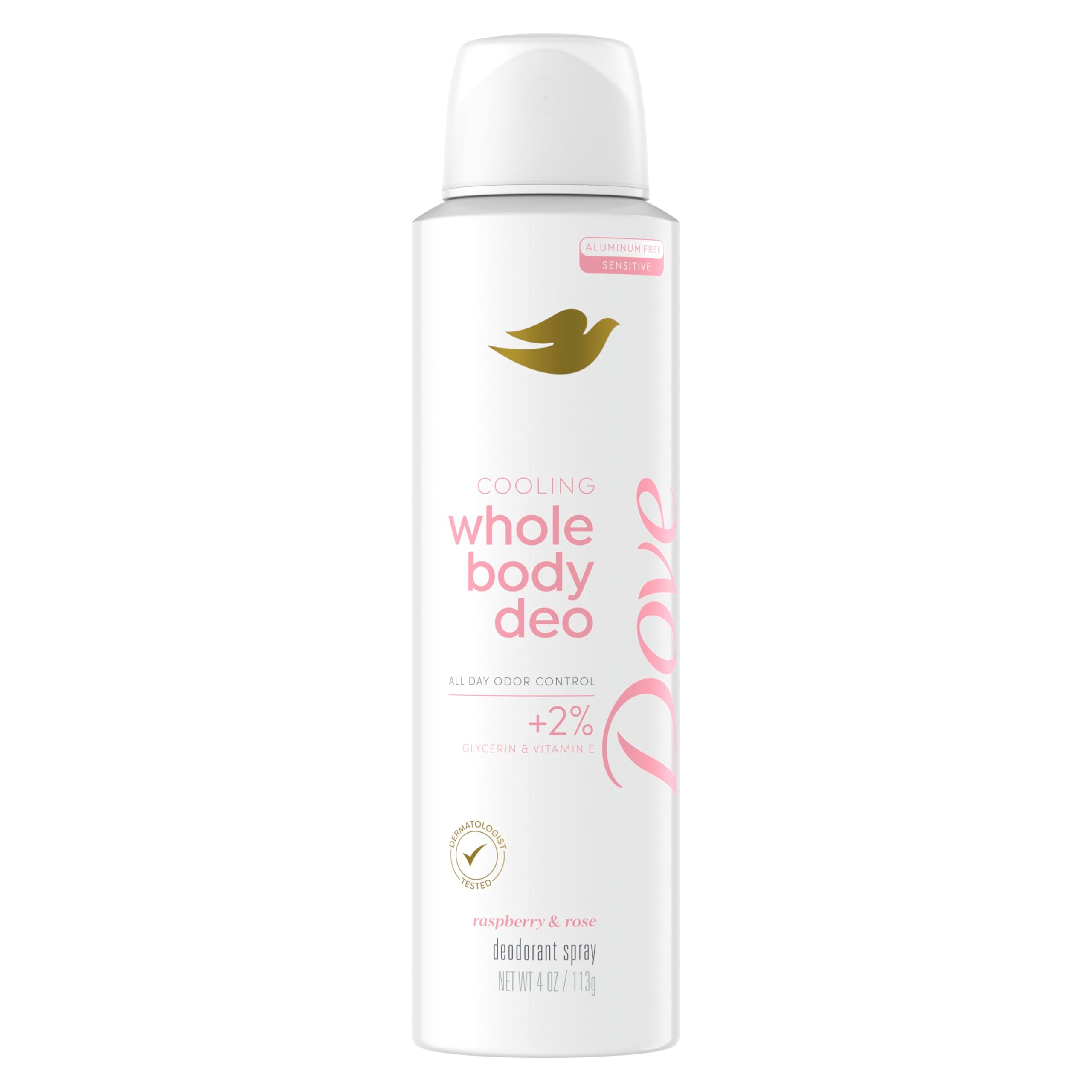 Dove Raspberry & Rose whole body deodorant spray front view for fresh all-over use.