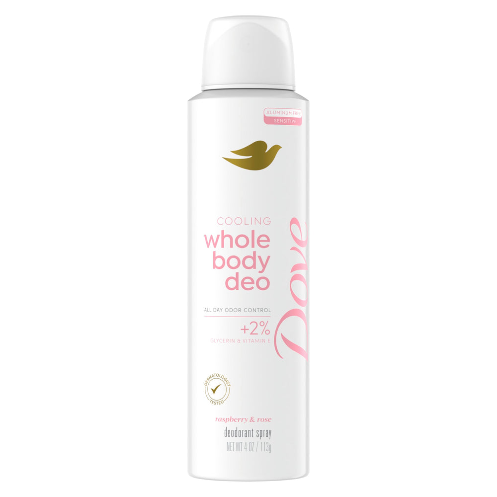 Dove Raspberry & Rose whole body deodorant spray front view for fresh all-over use.