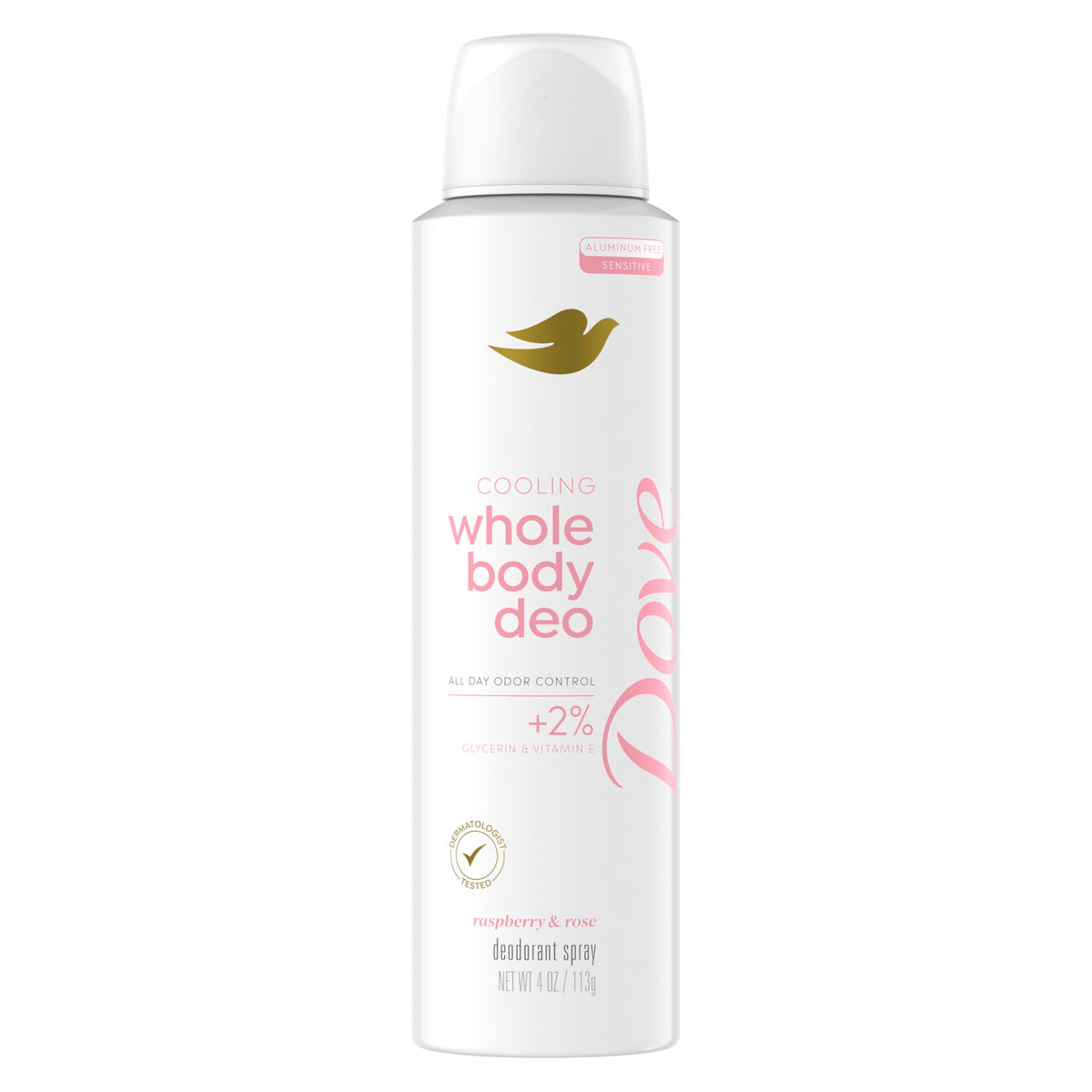Dove Raspberry & Rose whole body deodorant spray front view for fresh all-over use.