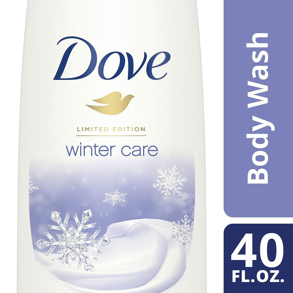 Dove Winter Care bottle on counter, convenient 40oz pump for family use.