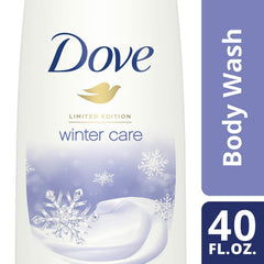 Dove Winter Care bottle on counter, convenient 40oz pump for family use.
