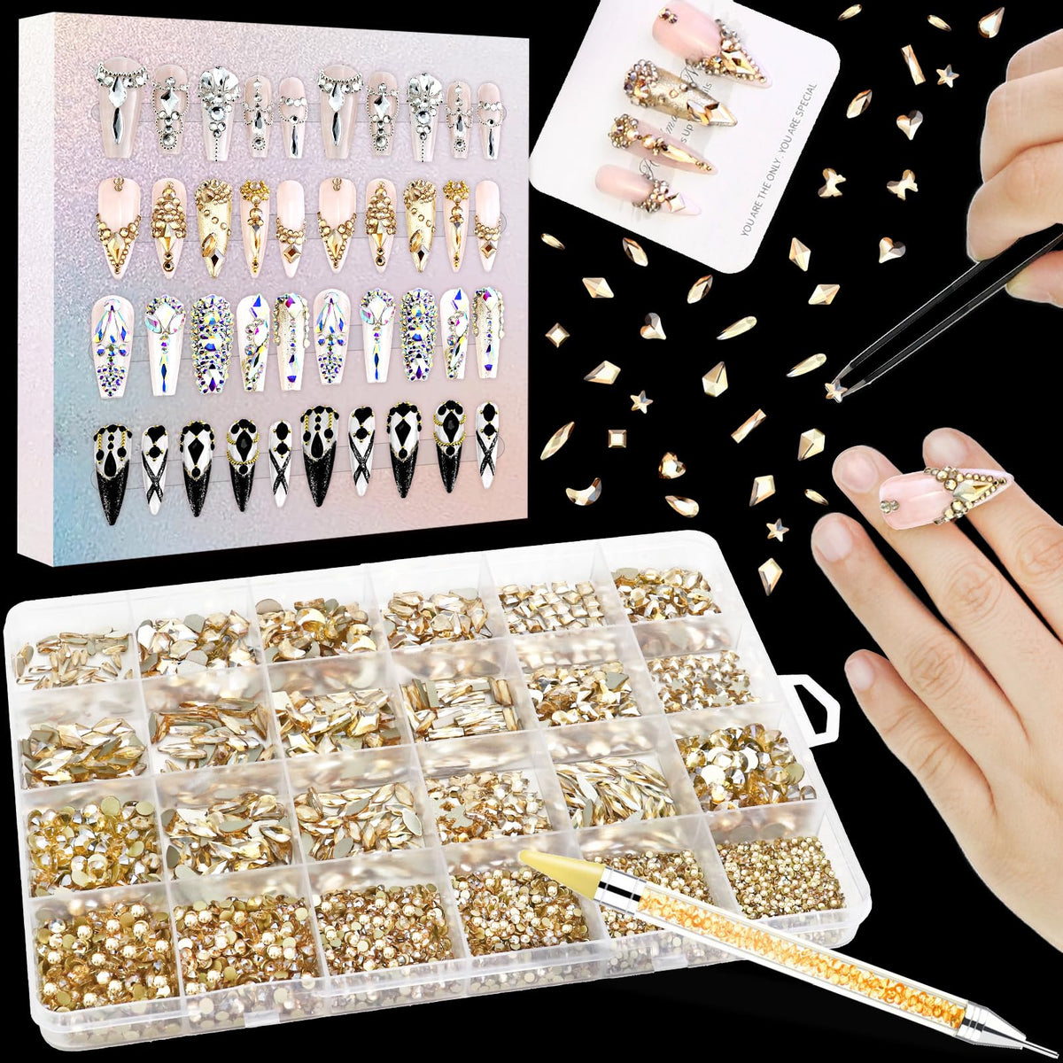 Dowarm champagne gold nail rhinestones kit with included tools for instant nail art sparkle