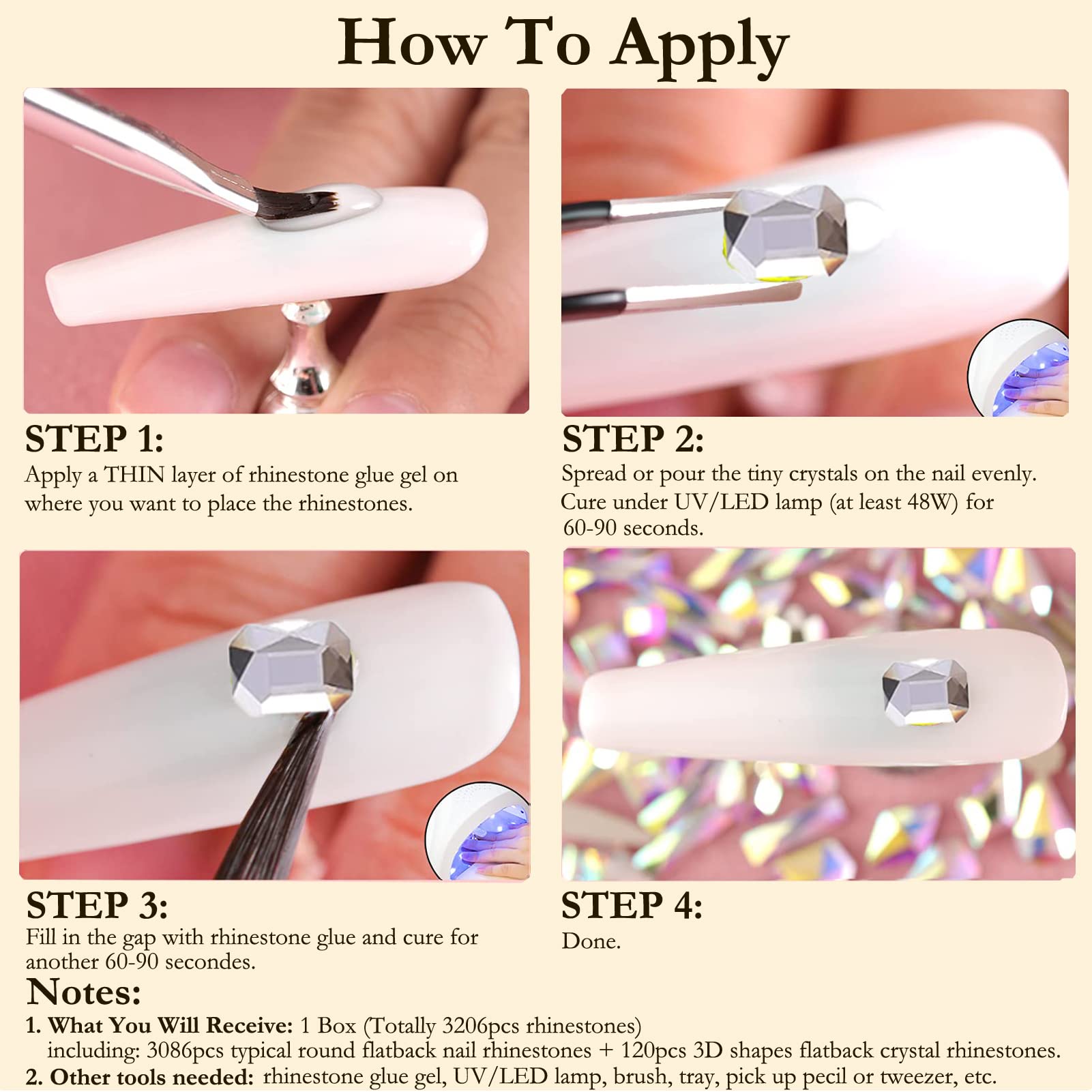 Dowarm flatback crystals adhere easily to natural and artificial nails