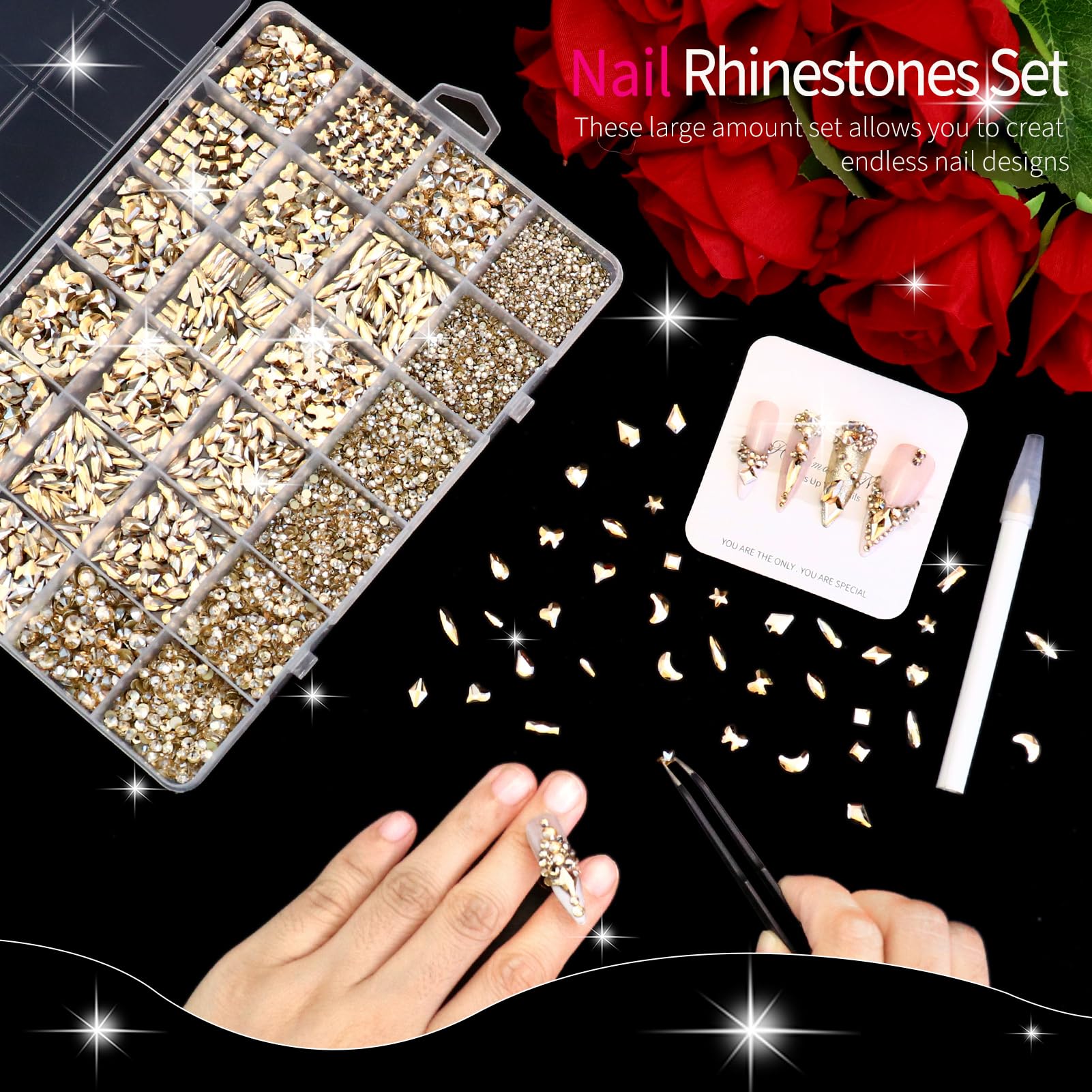 Dowarm wax picker and tweezers included for precise placement on nails