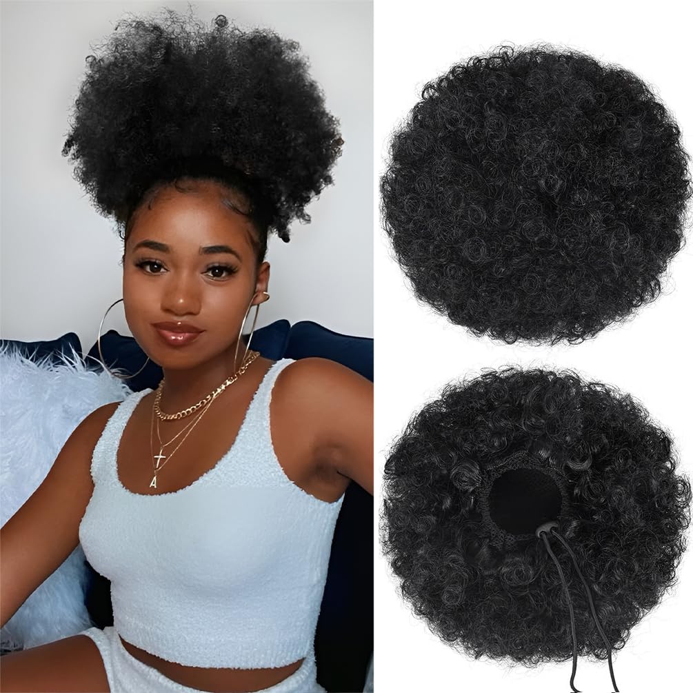 Doxken Afro Puff drawstring ponytail in 1B blends with natural hair for daily wear