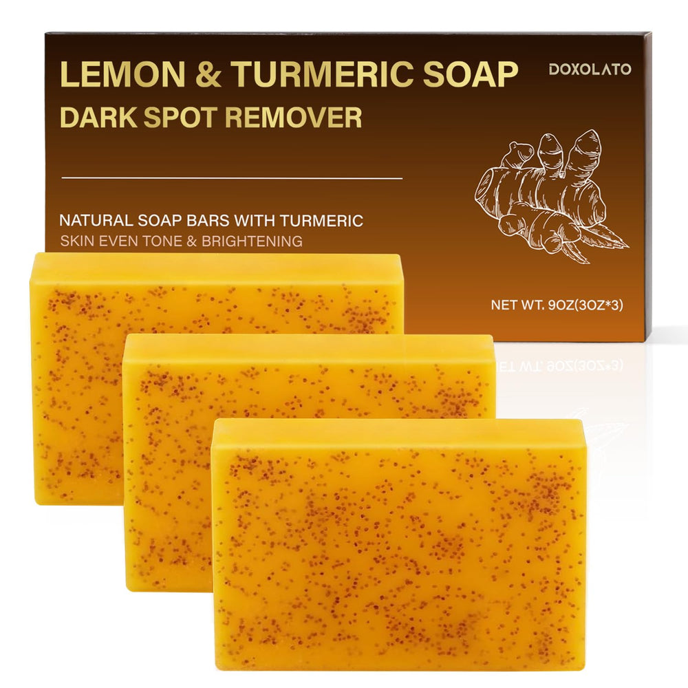 DOXOLATO Lemon Turmeric soap bar face close-up showing gentle exfoliation for facial care