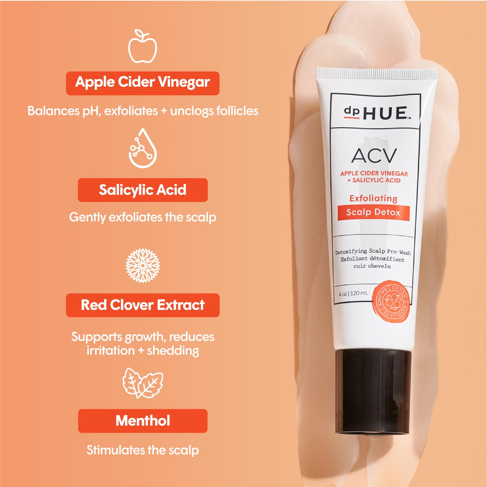 dpHUE ACV Exfoliating Scalp Detox application on scalp demonstrates gentle pre-wash use.