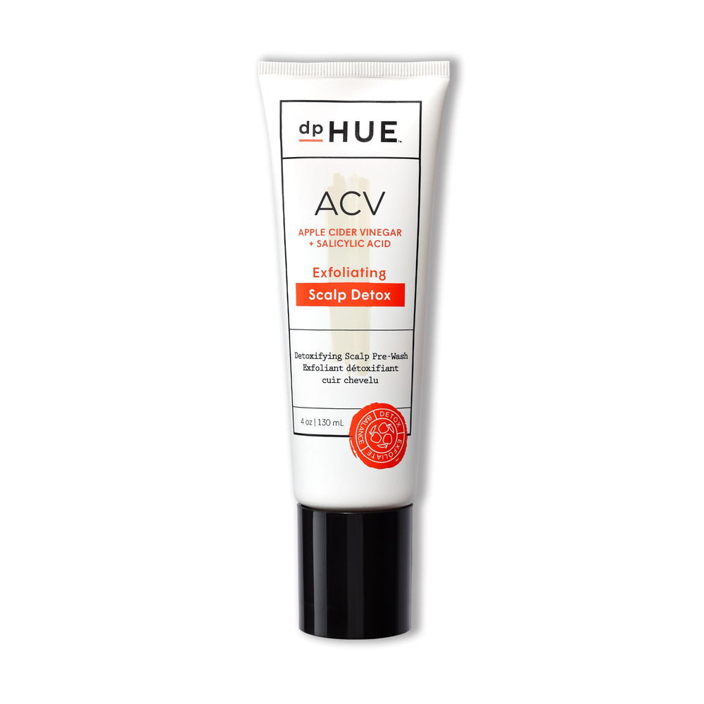 dpHUE ACV Exfoliating Scalp Detox bottle close-up showing fragrance-free formula for sensitive scalps.
