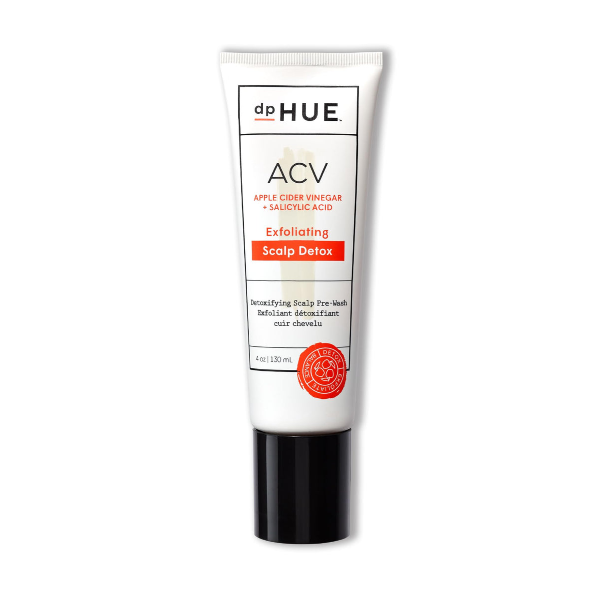 dpHUE ACV Exfoliating Scalp Detox bottle close-up showing fragrance-free formula for sensitive scalps.