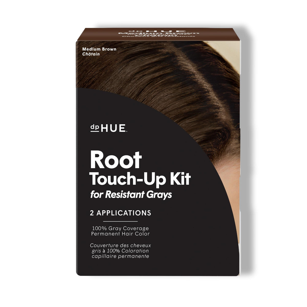dpHUE Root Touch-Up Kit box front showing ready-to-use solution for resistant grays