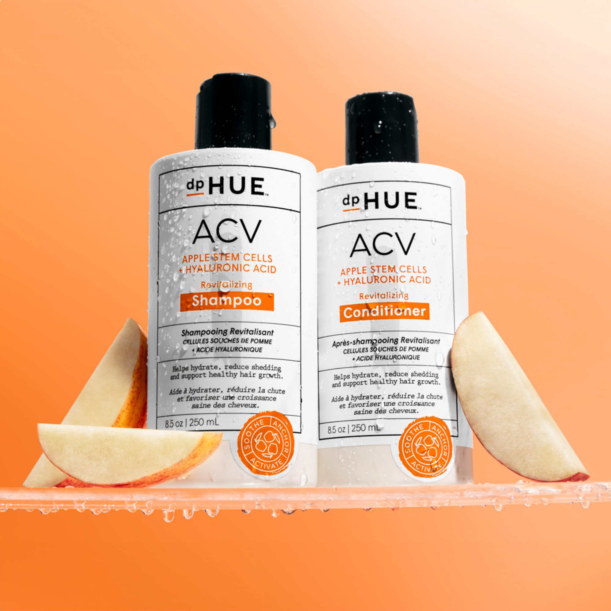 dpHUE ACV Revitalizing Shampoo pour demonstrates apple cider vinegar action for scalp balance.