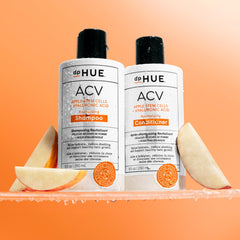 dpHUE ACV Revitalizing Shampoo pour demonstrates apple cider vinegar action for scalp balance.