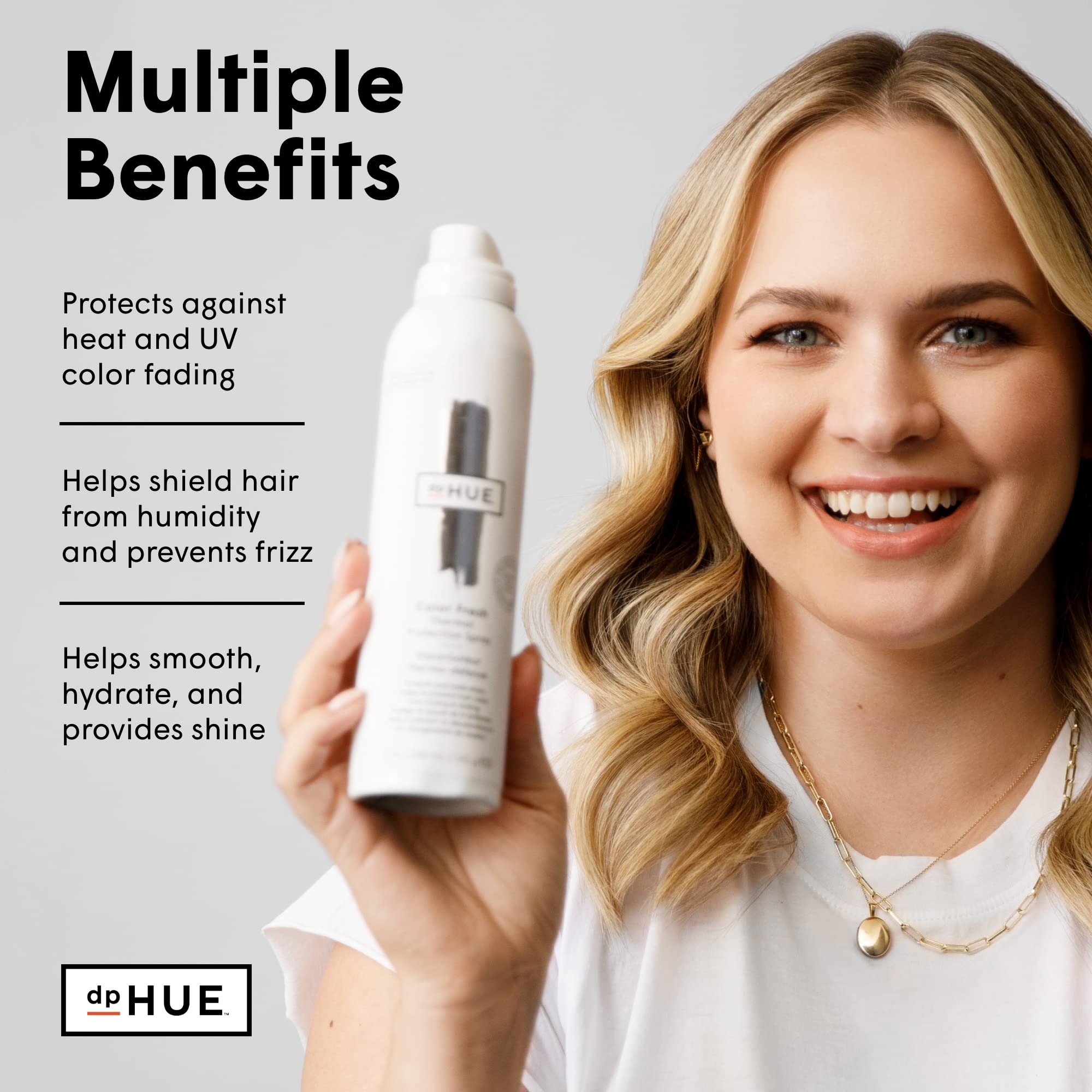 DPHue Color Fresh spray application closeup shows even, lightweight coverage on dry hair.